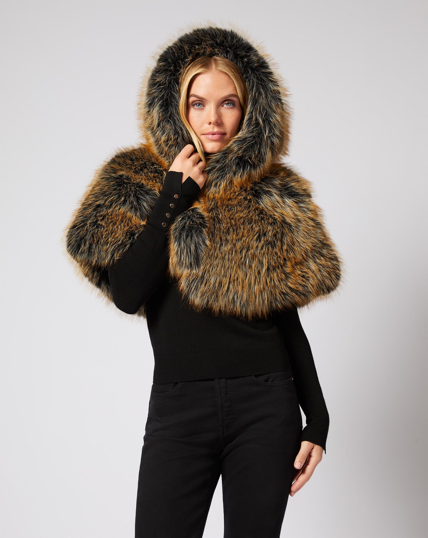 Metallic Gold Tipped Fox Faux Fur Cape