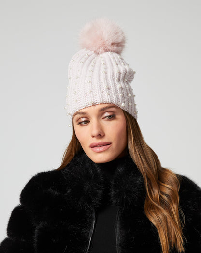 Embellished Faux Fur Pom Pom Beanie