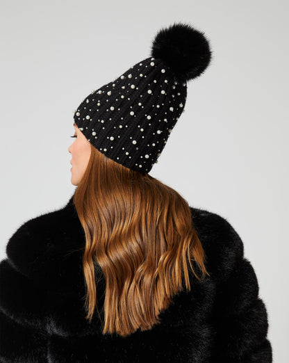 Embellished Faux Fur Pom Pom Beanie