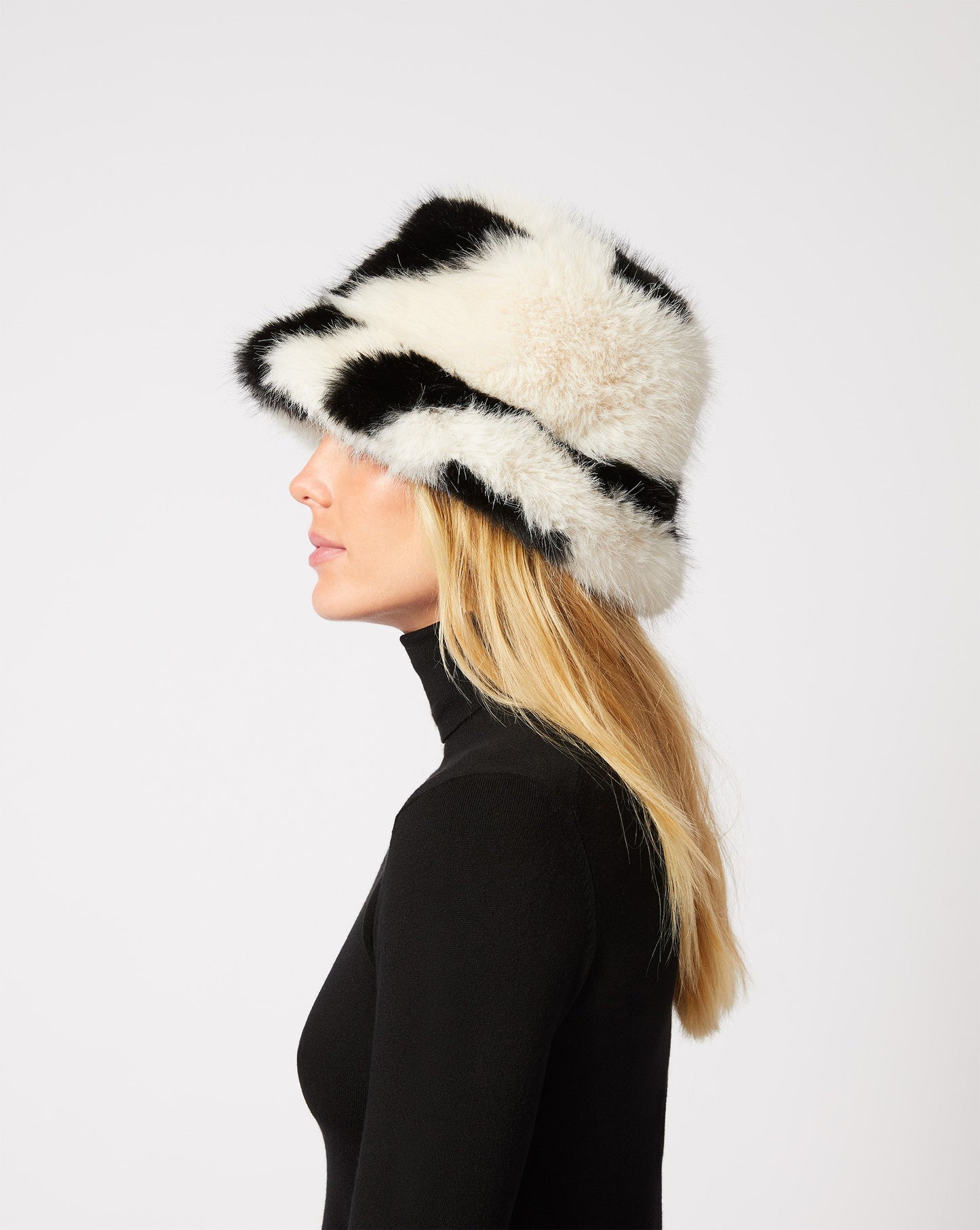 Zebra Printed Fox Faux Fur Bucket Hat