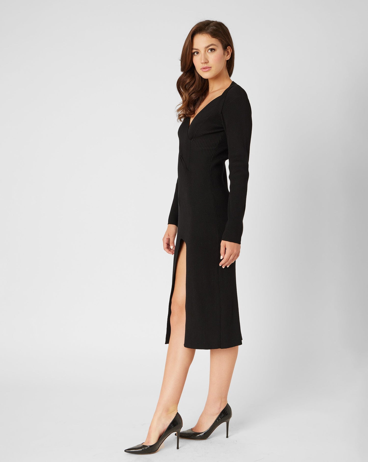 V-Neck Ribbed Midi Sweater Dress