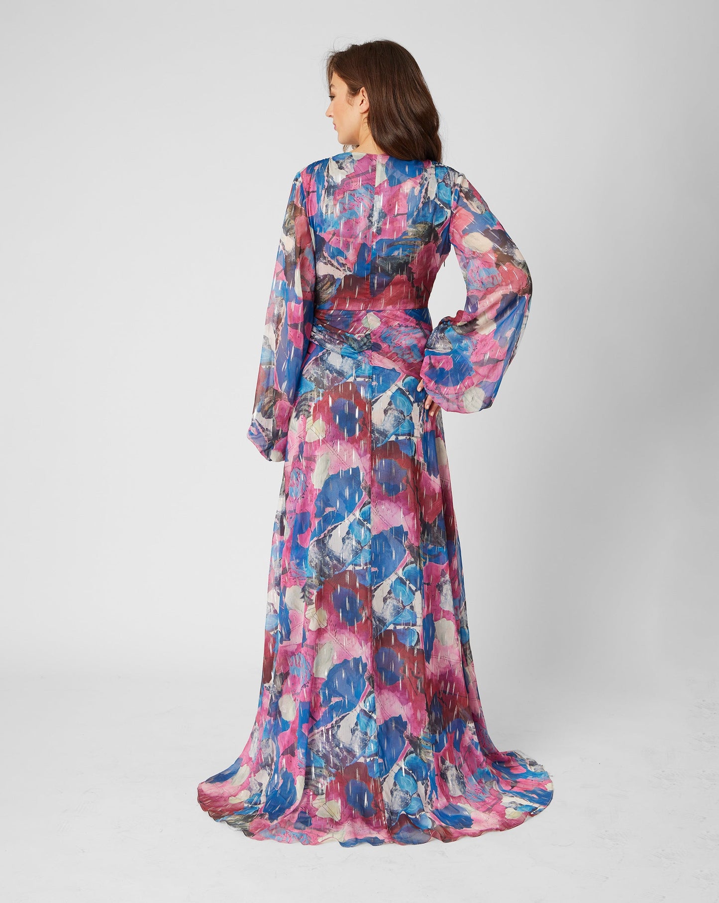 Printed Long Sleeve V-Neck Gown