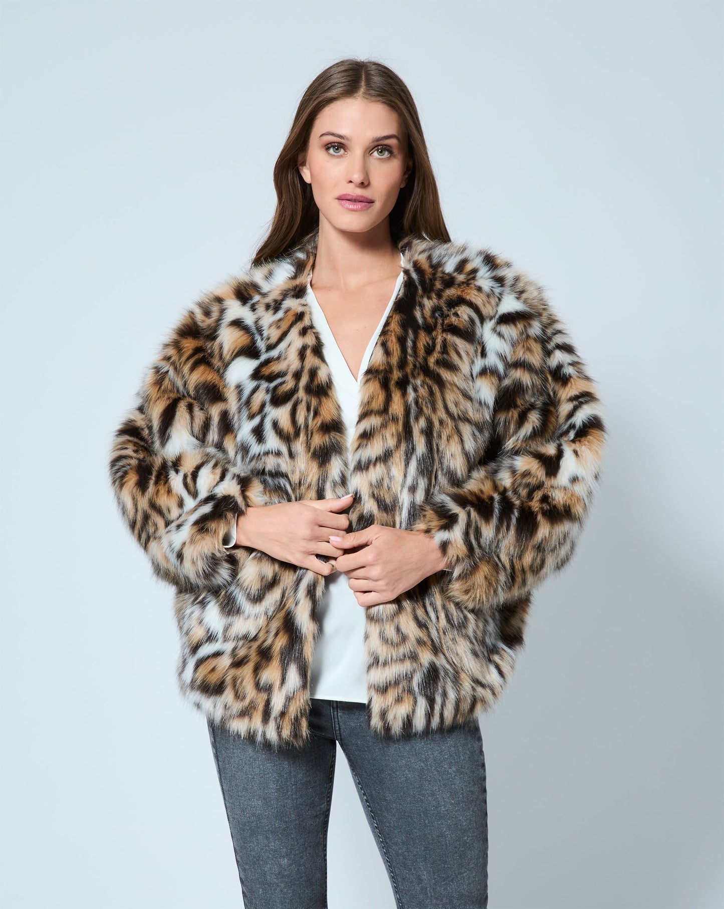 Cheetah Printed Fox Faux Fur Swing Jacket