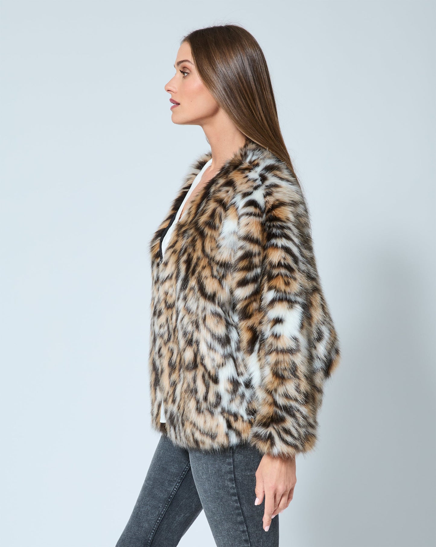 Cheetah Printed Fox Faux Fur Swing Jacket