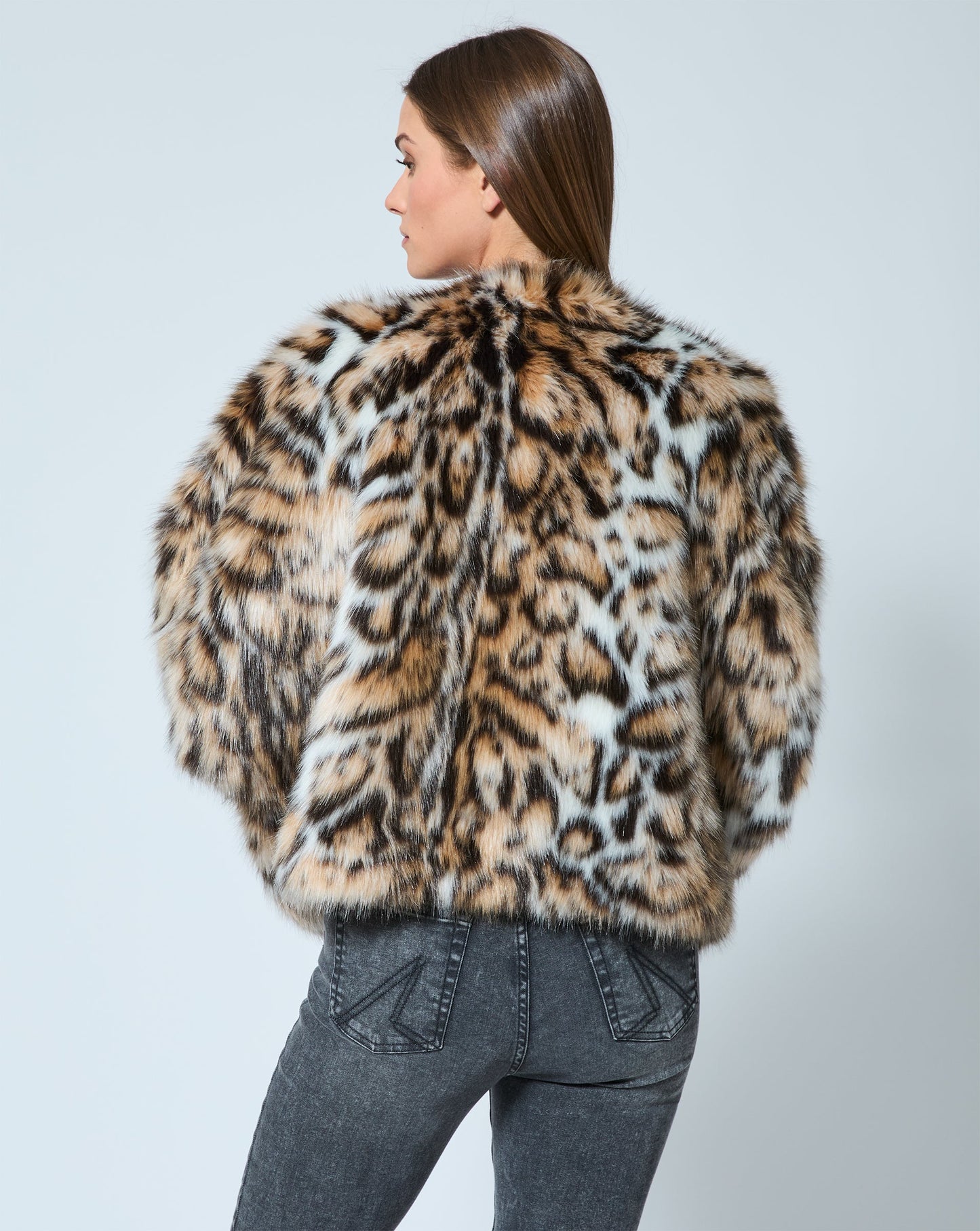 Cheetah Printed Fox Faux Fur Swing Jacket