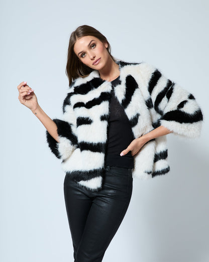 Zebra Printed Fox Faux Fur Swing Jacket