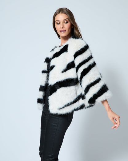 Zebra Printed Fox Faux Fur Swing Jacket