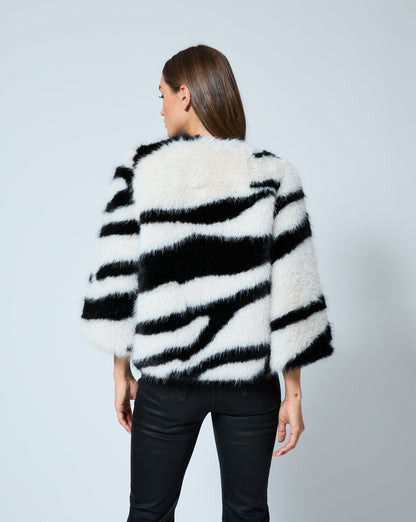 Zebra Printed Fox Faux Fur Swing Jacket