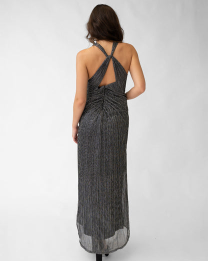 Metallic Mesh Draped Racerback Gown