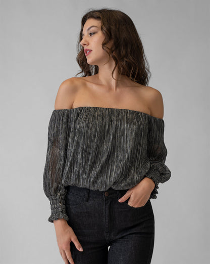 Metallic Mesh Off the Shoulder Top