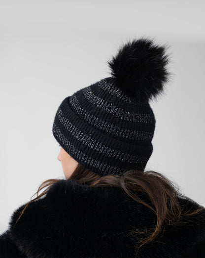 FINAL SALE - Metallic Stripe Hat with Faux Fur Pom-Pom