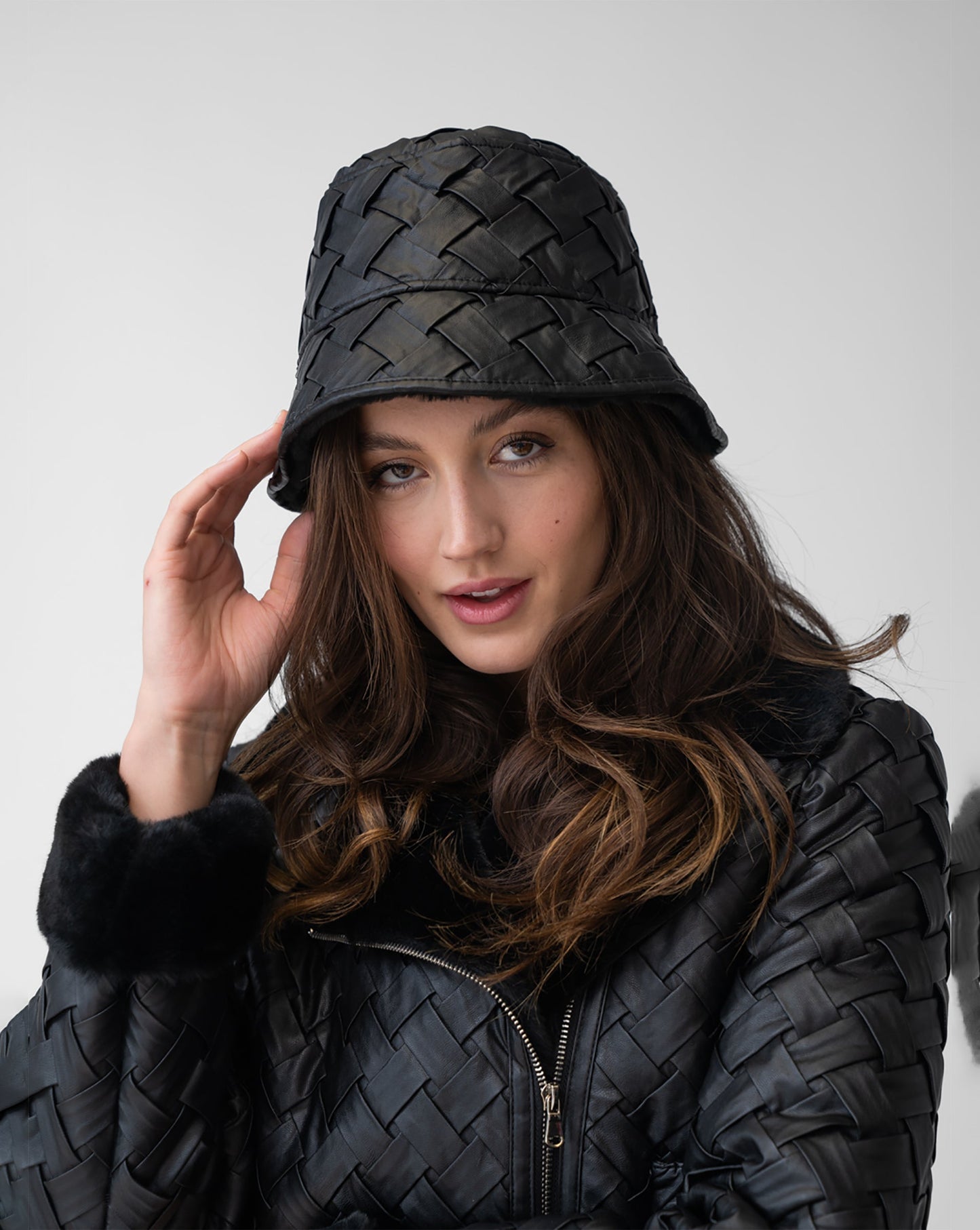 Woven Faux Leather & Faux Fur Reversible Bucket Hat