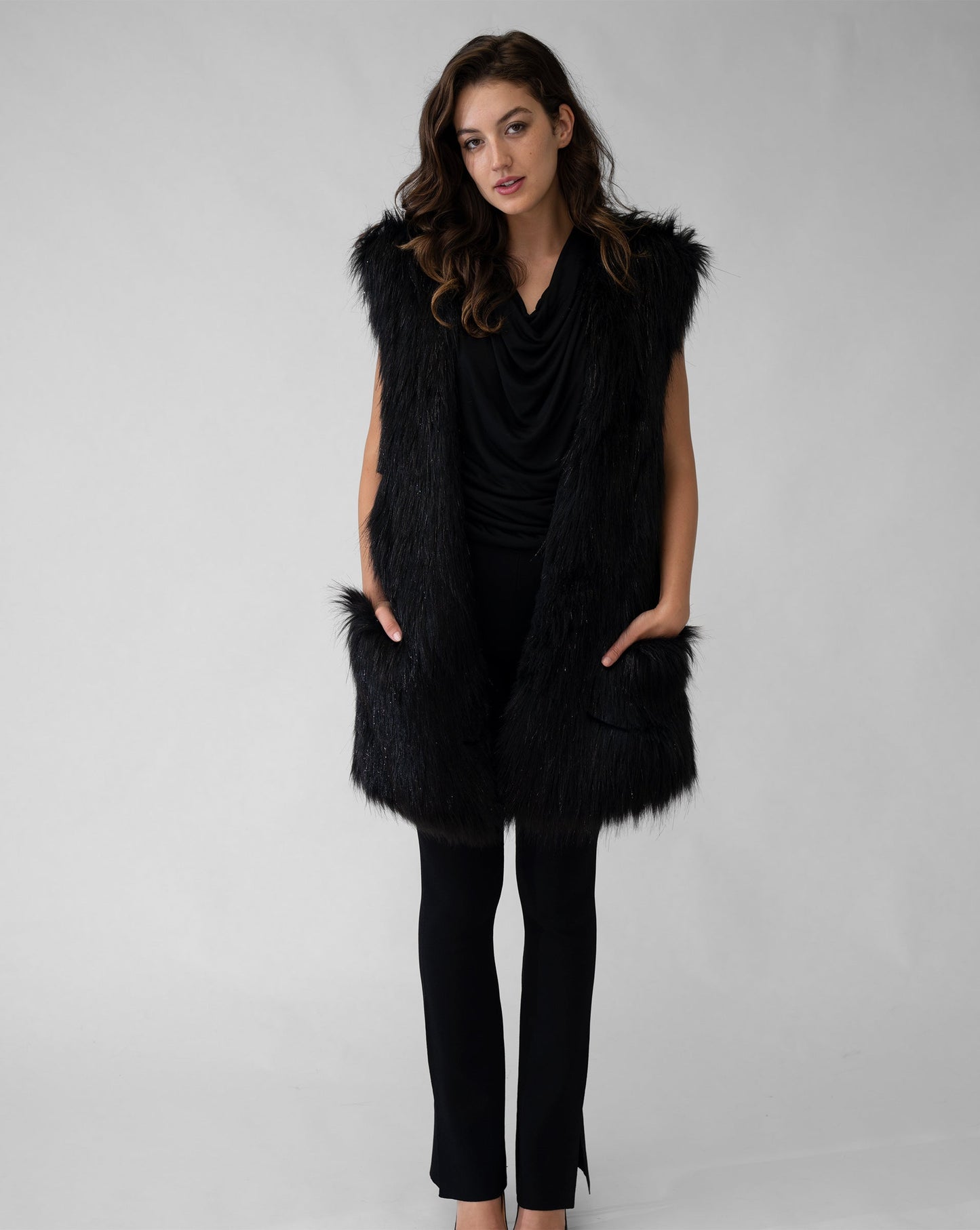 Metallic Thread Longline Faux Fur Vest