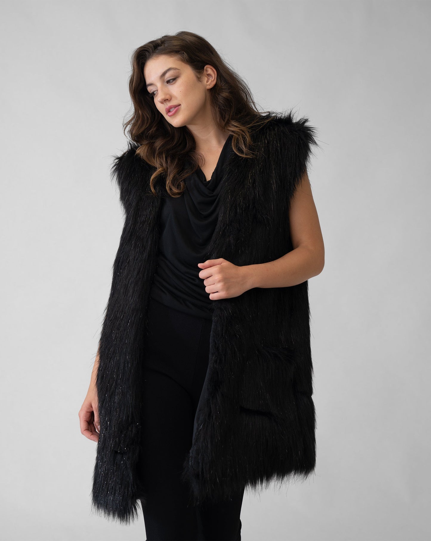 Metallic Thread Longline Faux Fur Vest