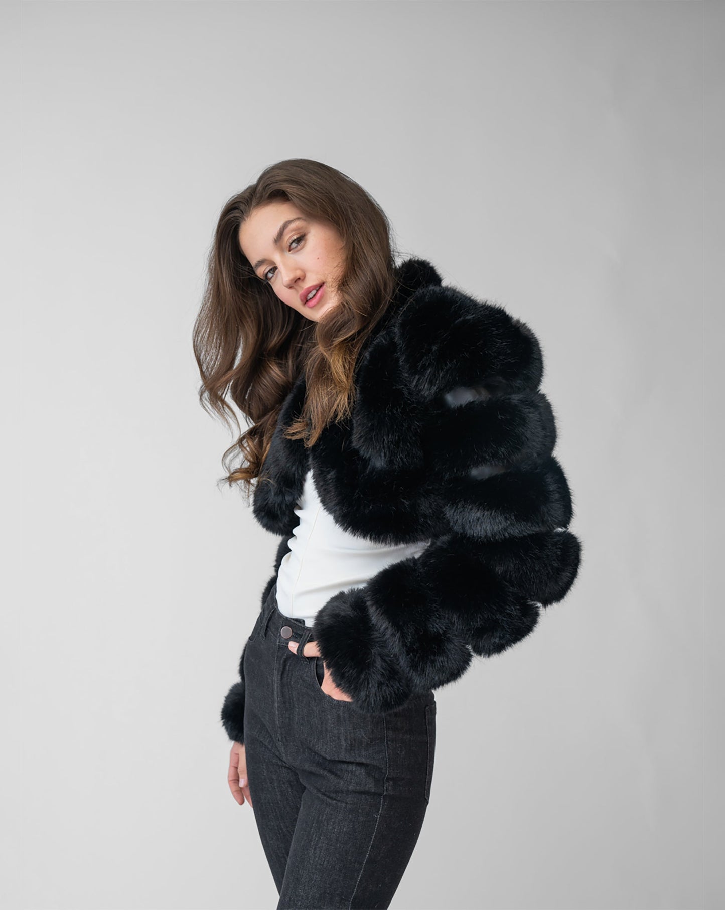 Cropped Channel Quilt Fox Faux Fur Jacket