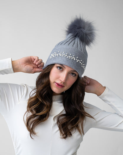 FINAL SALE - Pearl Trim Faux Fur Pom-Pom Knit Beanie Hat