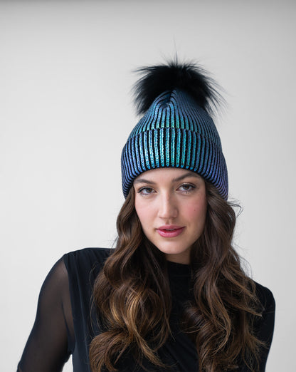 FINAL SALE - Metallic Ribbed Faux Fur Pom-Pom Hat