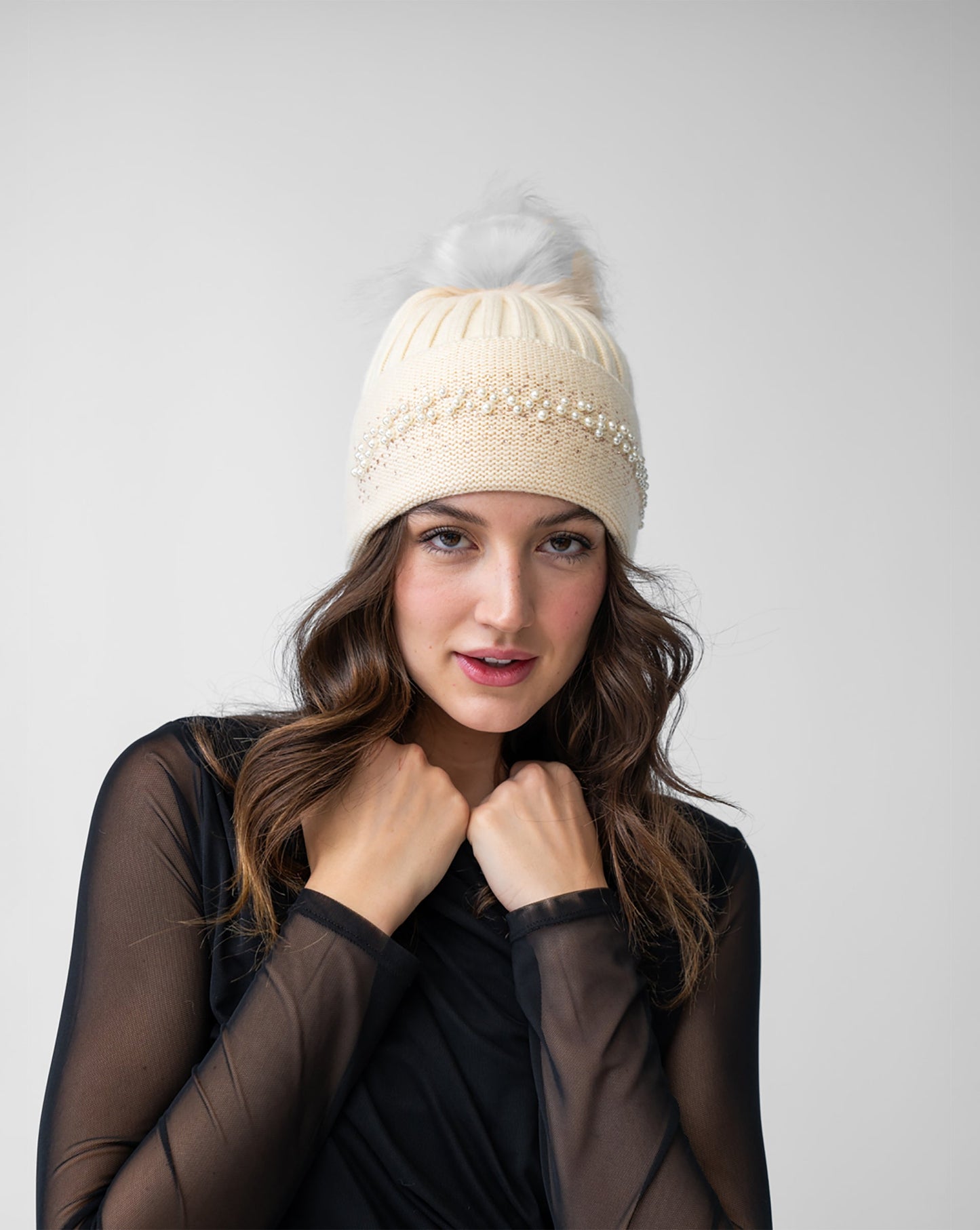 FINAL SALE - Pearl Trim Faux Fur Pom-Pom Knit Beanie Hat