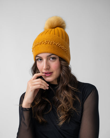 FINAL SALE - Pearl Trim Faux Fur Pom-Pom Knit Beanie Hat