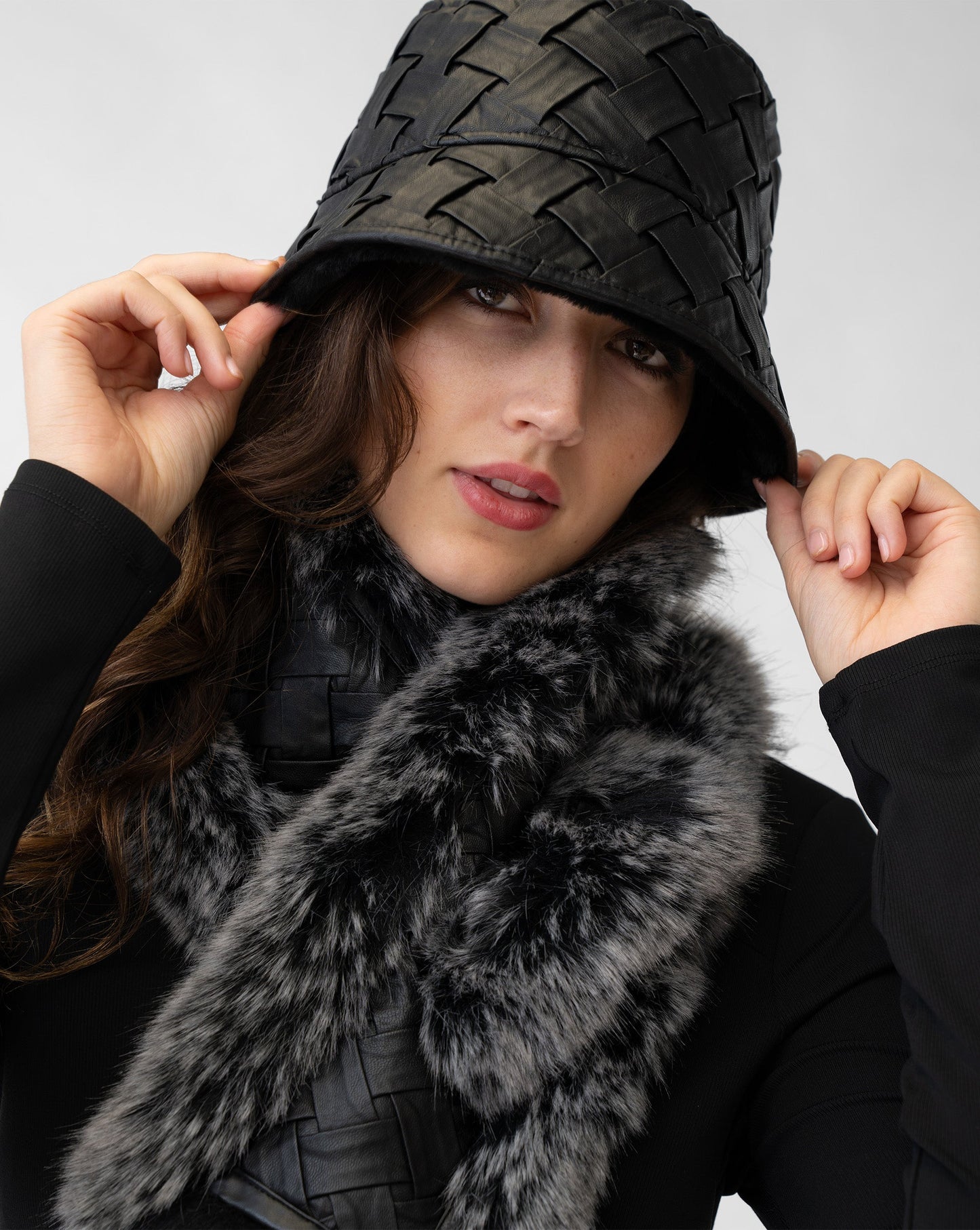 Woven Faux Leather & Faux Fur Reversible Bucket Hat