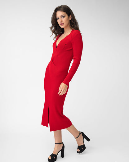 V-Neck Ribbed Midi Sweater Dress