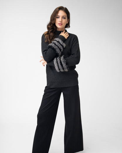 Ribbed Mock Neck Faux Fur Cuff Sweater