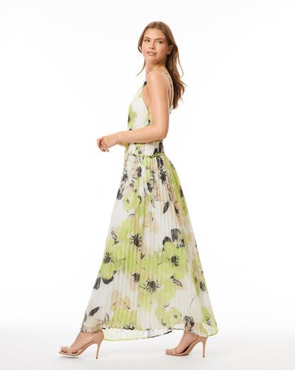 Painted Flower Pleated Midi Dress