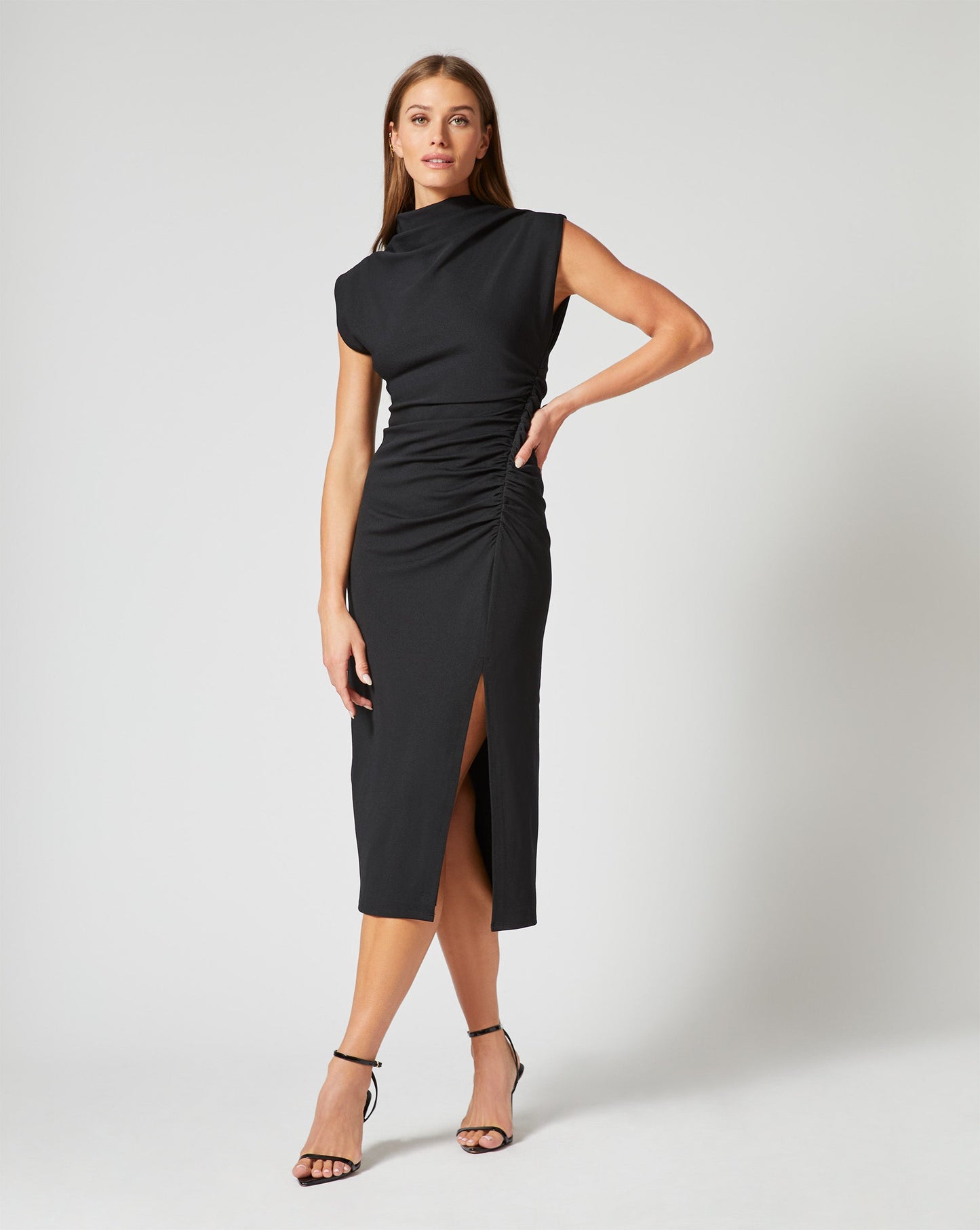 Draped Mock Neck Midi Dress