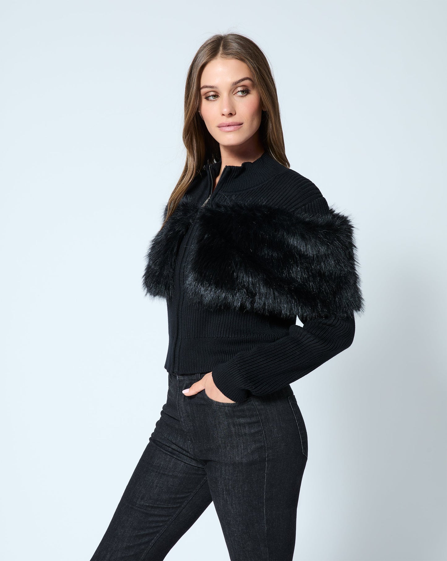 Mock Neck Faux Fur Zip Up Jacket