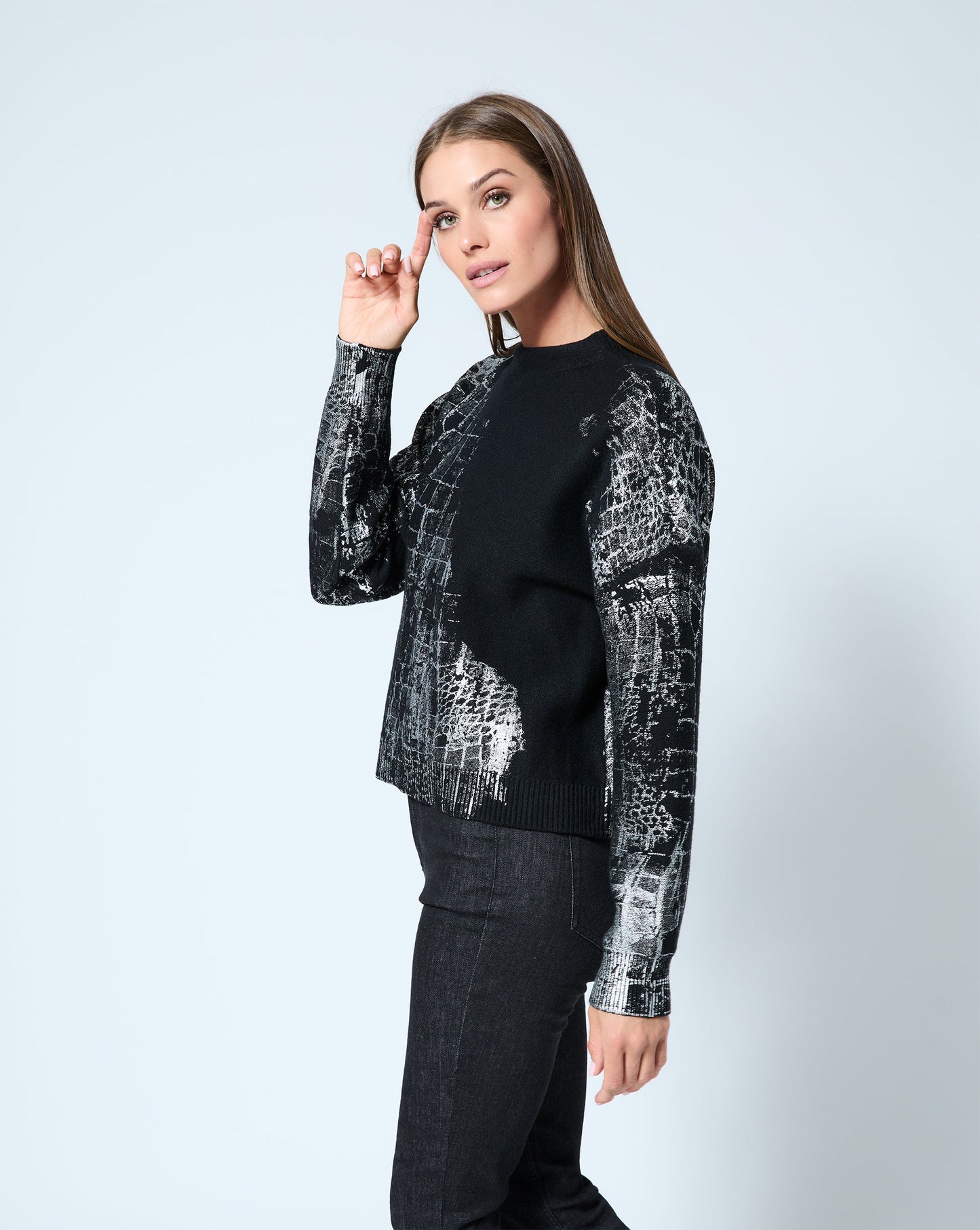 Crocodile Foil Print Funnel Neck Sweater