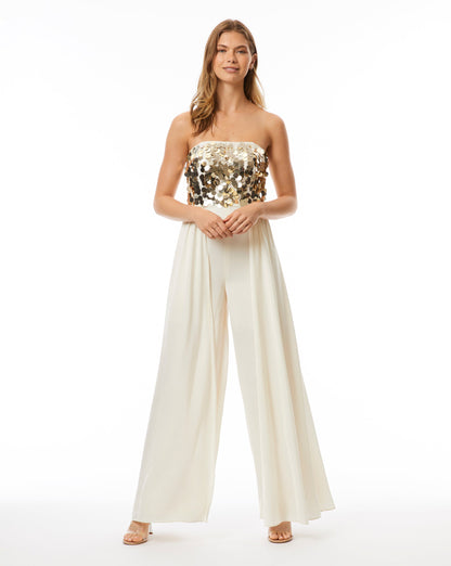 Gold Sequin on Mesh Pleated Jumpsuit