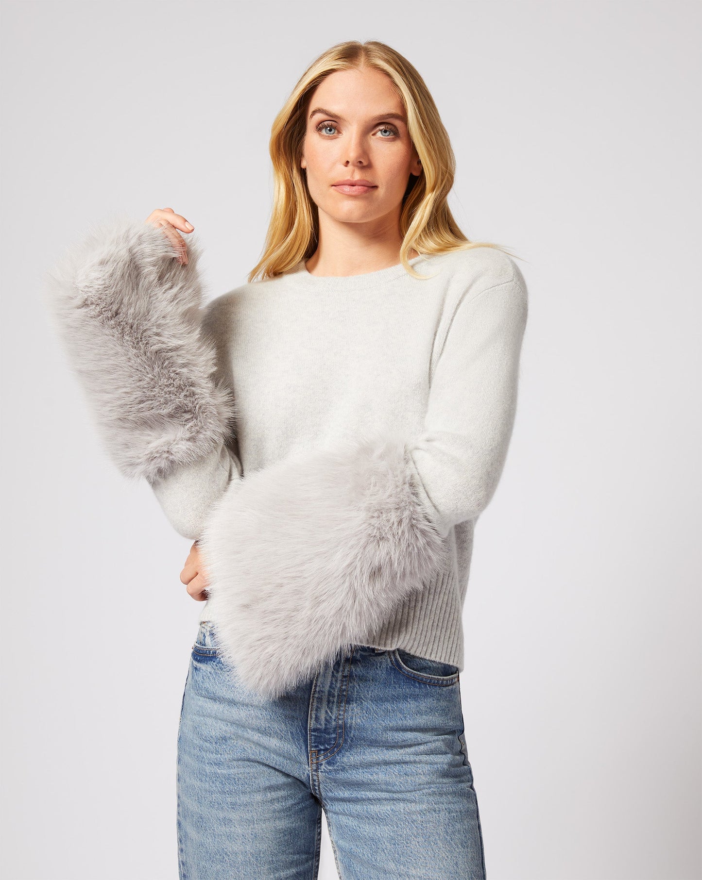 Cashmere & High Faux Fur Cuff Sweater