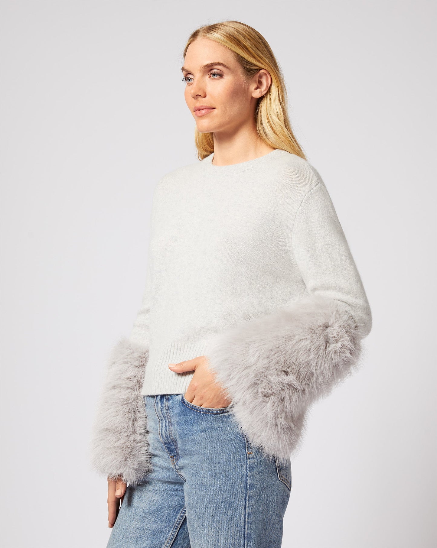 Cashmere & High Faux Fur Cuff Sweater