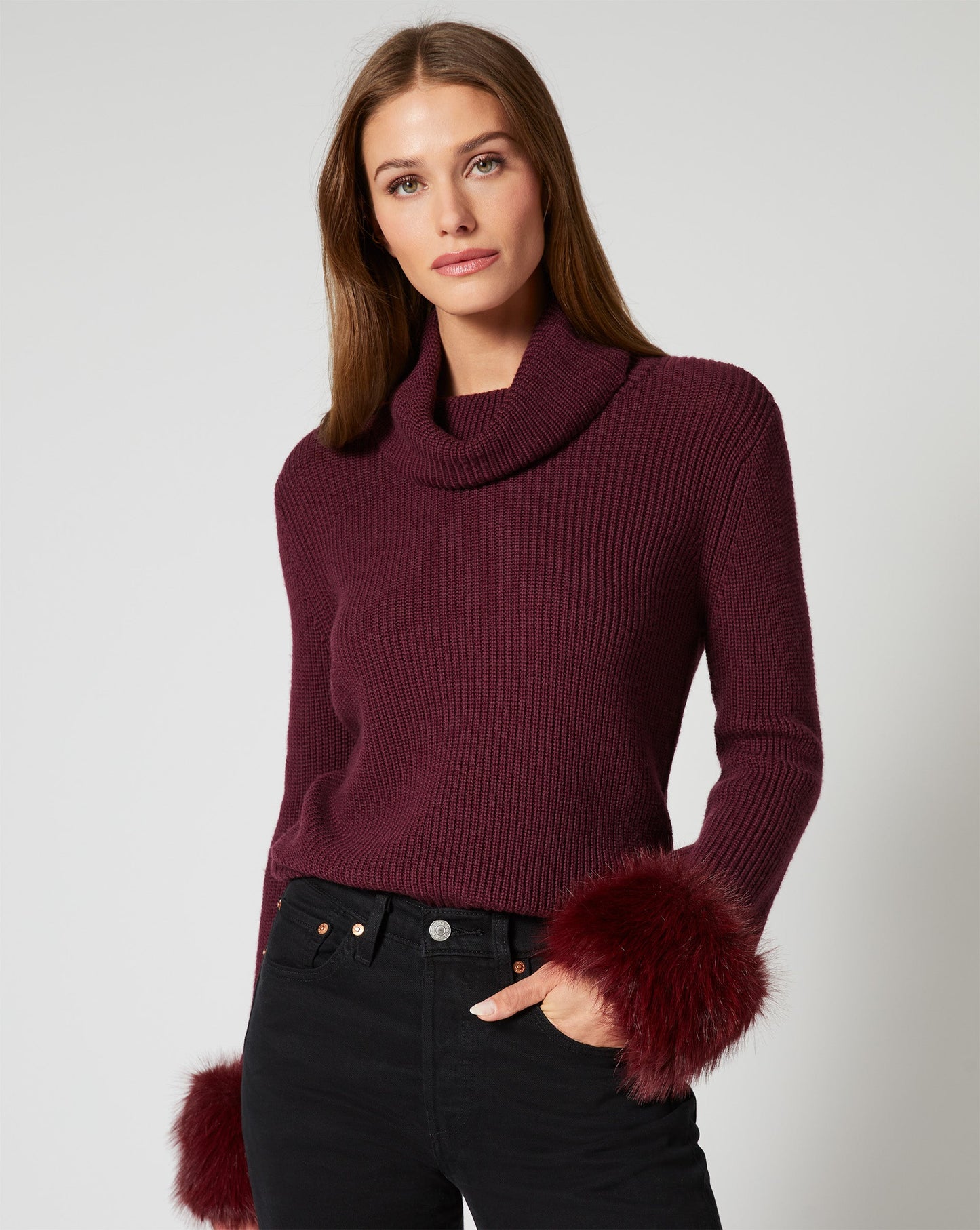 Alps Faux Fur Turtleneck Wool Sweater