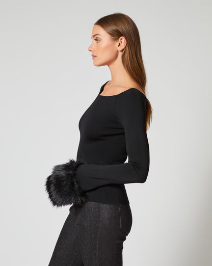 Romantic Ballet Neck Faux Fur Cuff Sweater