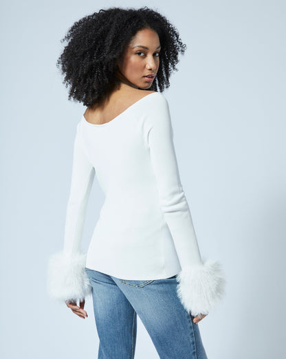 Romantic Ballet Neck Faux Fur Cuff Sweater