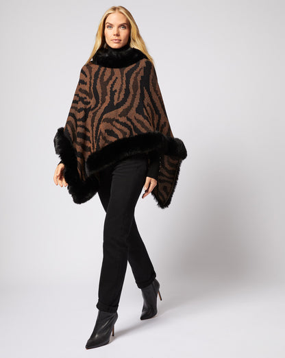 Zebra & Faux Fur Trim Poncho