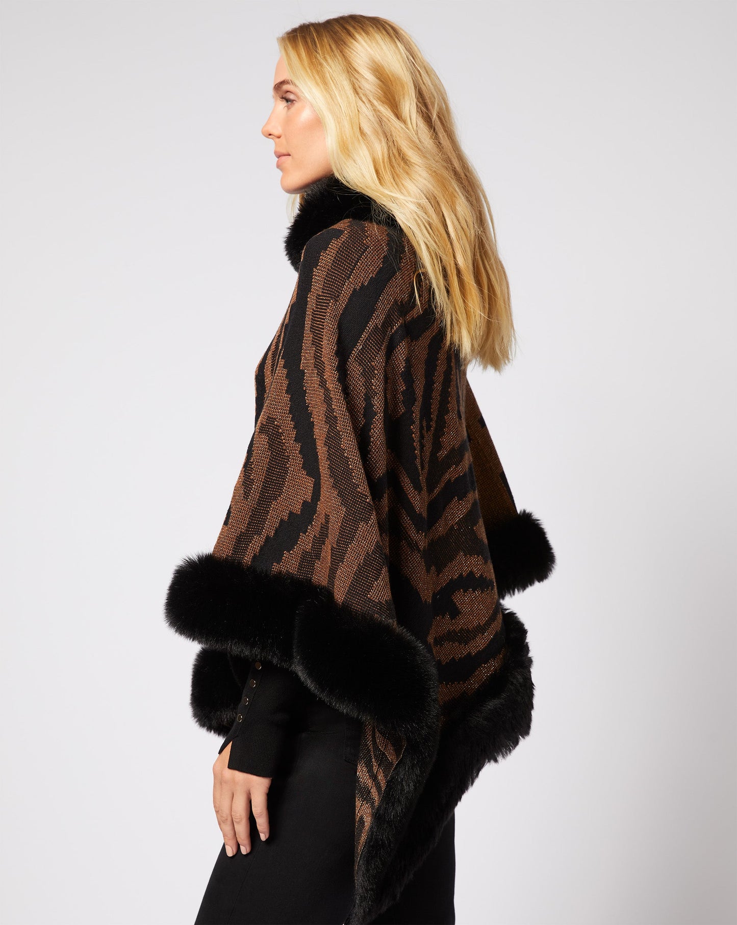 Zebra & Faux Fur Trim Poncho