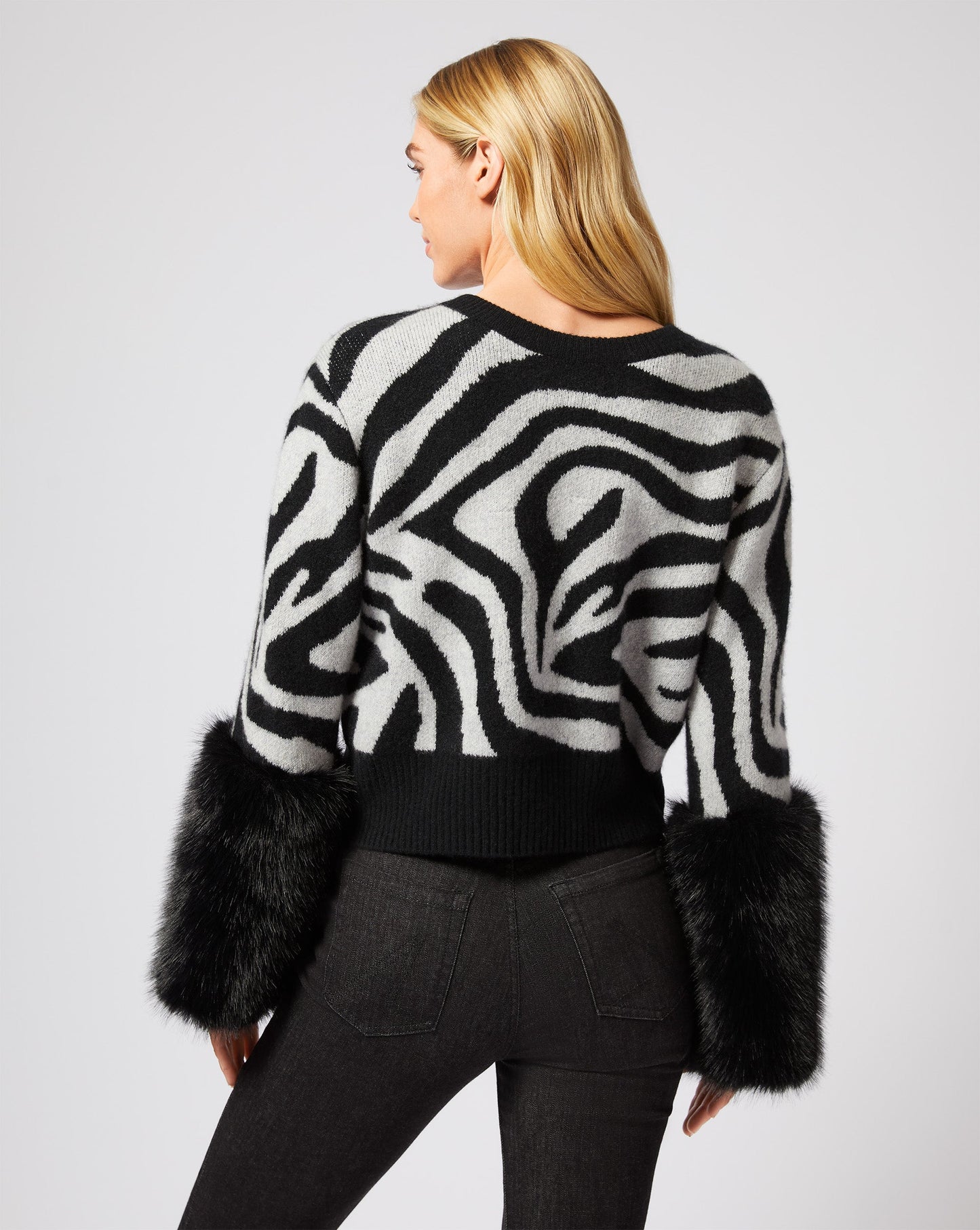 Zebra Print Cashmere & Faux Fur Cuff Sweater