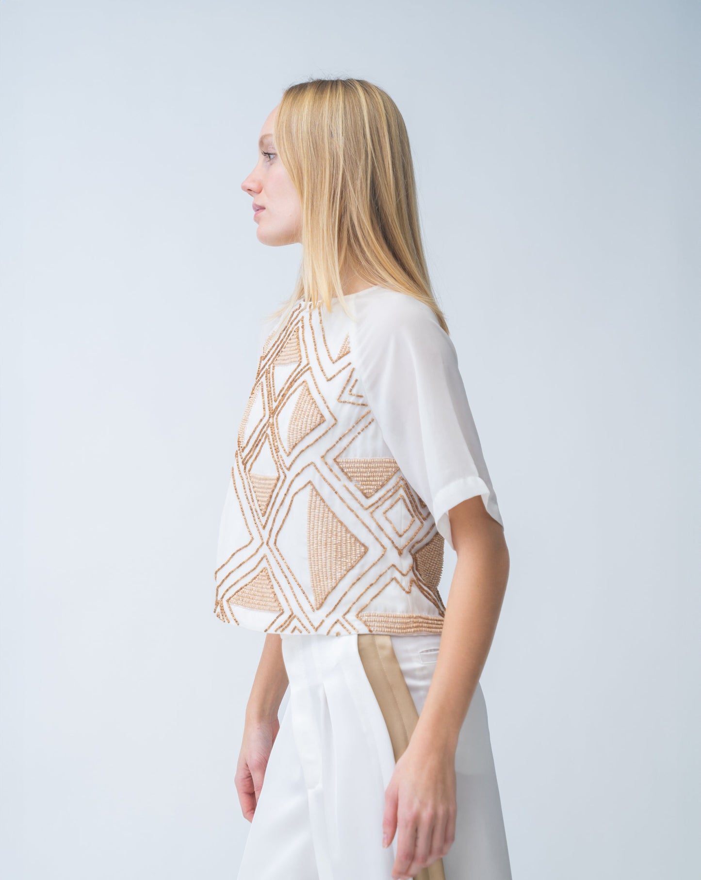 Geometric Beaded Short Sleeve Top