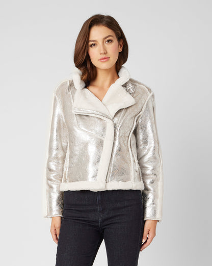 Moonstone Metallic Faux Shearling Moto Jacket