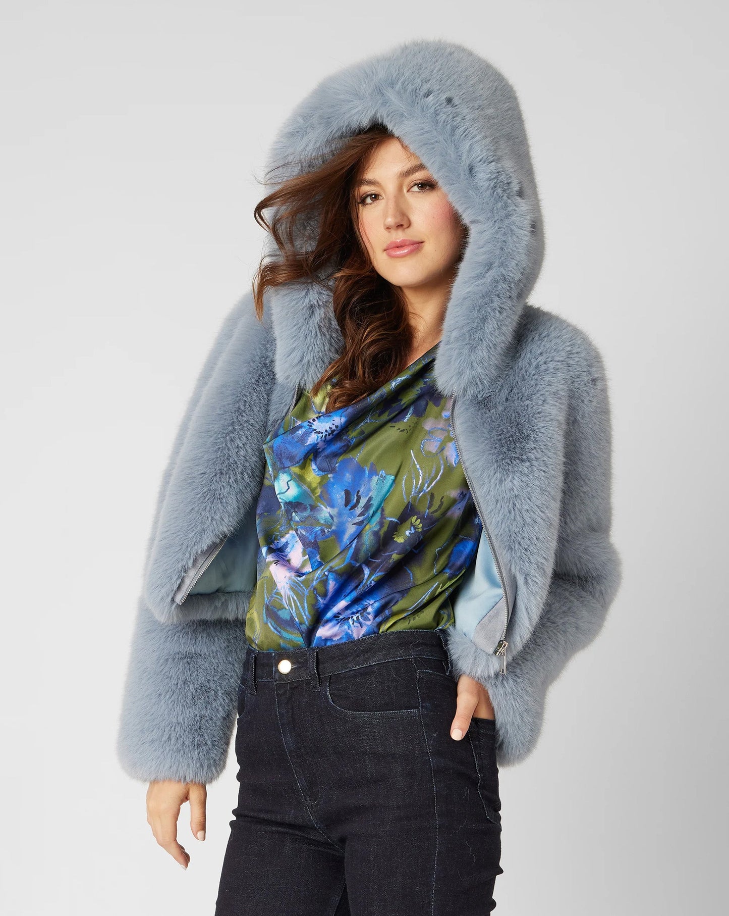 Angelite Blue Faux Mink Cropped Hoodie Jacket