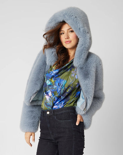 Angelite Blue Faux Mink Cropped Hoodie Jacket